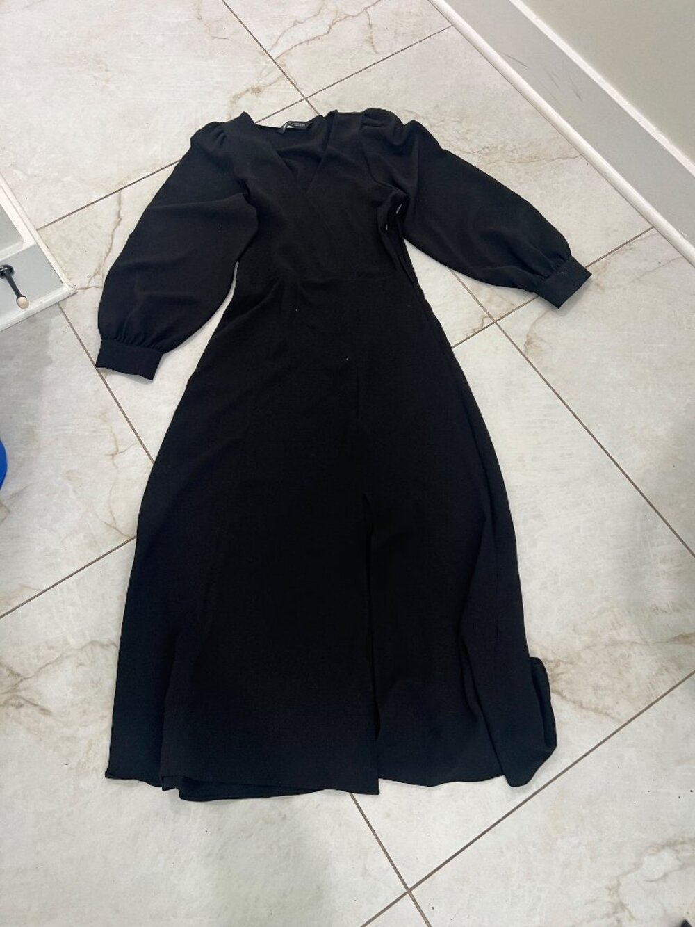 Zara Black Puff Sleeve Wrap Midi Dress Size XS